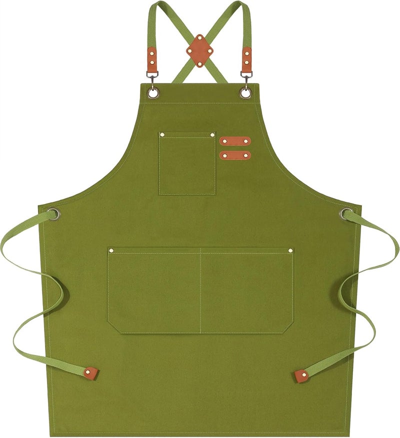 AFUN Chef Aprons for Women Men with Large Pockets, 12-Ounce Cotton Canvas Cross Back Water Repellent Apron (Army Green) - Image 1